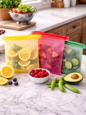 Set of 3 Reusable Silicone Food Bags - Yellow, Green, Pink